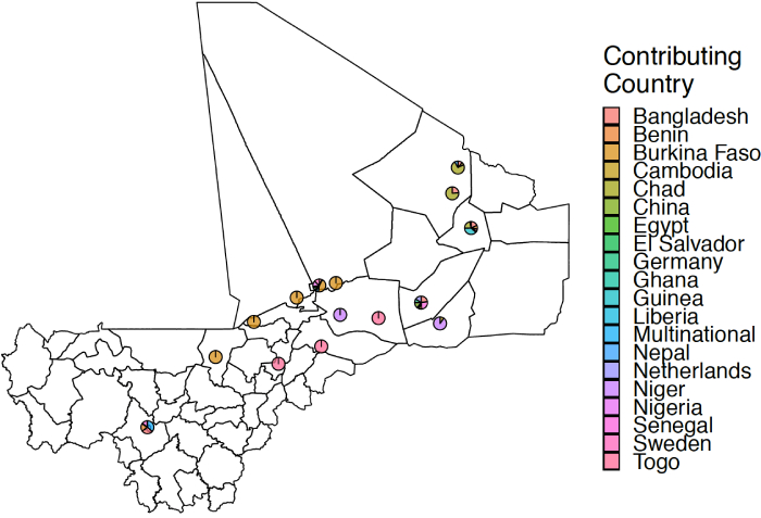 Map of Mali showing various UN contributions by country