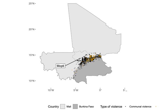 Map showing violent events in Mali and Burkina Faso between 2014 and 2020