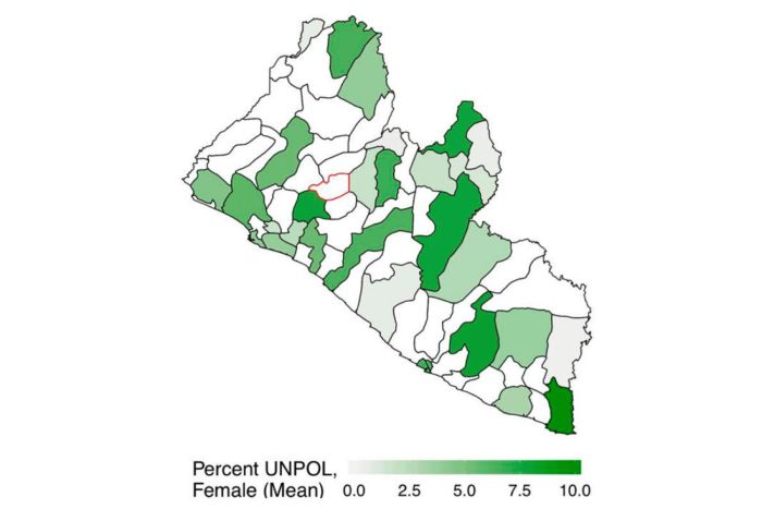 Map of Liberia showing mean police by female percentages